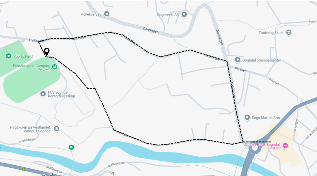 Kart som viser to alternative ruter å gå til Fosshaugane Campus